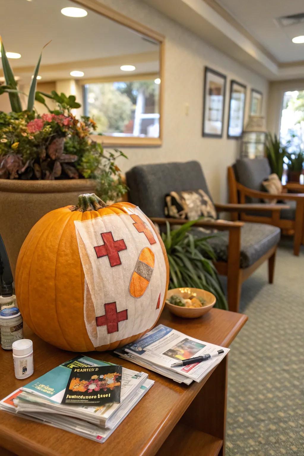 A decorative gourd decorated using medical equipment provides a peculiar touch.