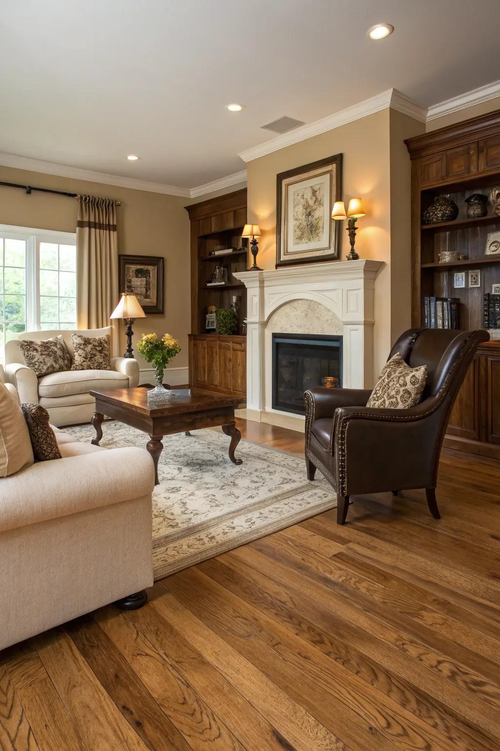 A blend of styles creates a unique space with oak flooring.