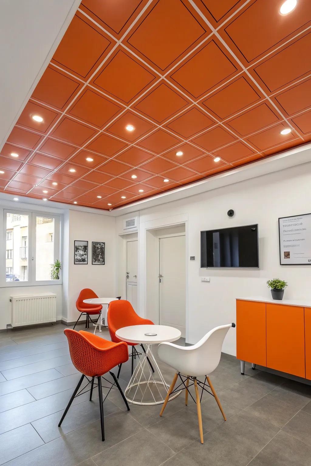 An orange ceiling that brings unexpected drama to a sleek, modern room.
