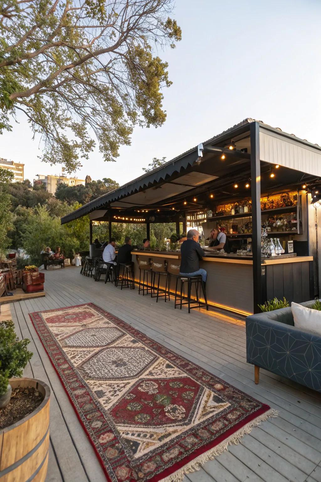 A snug coffee corner complete with an inviting open-air rug.