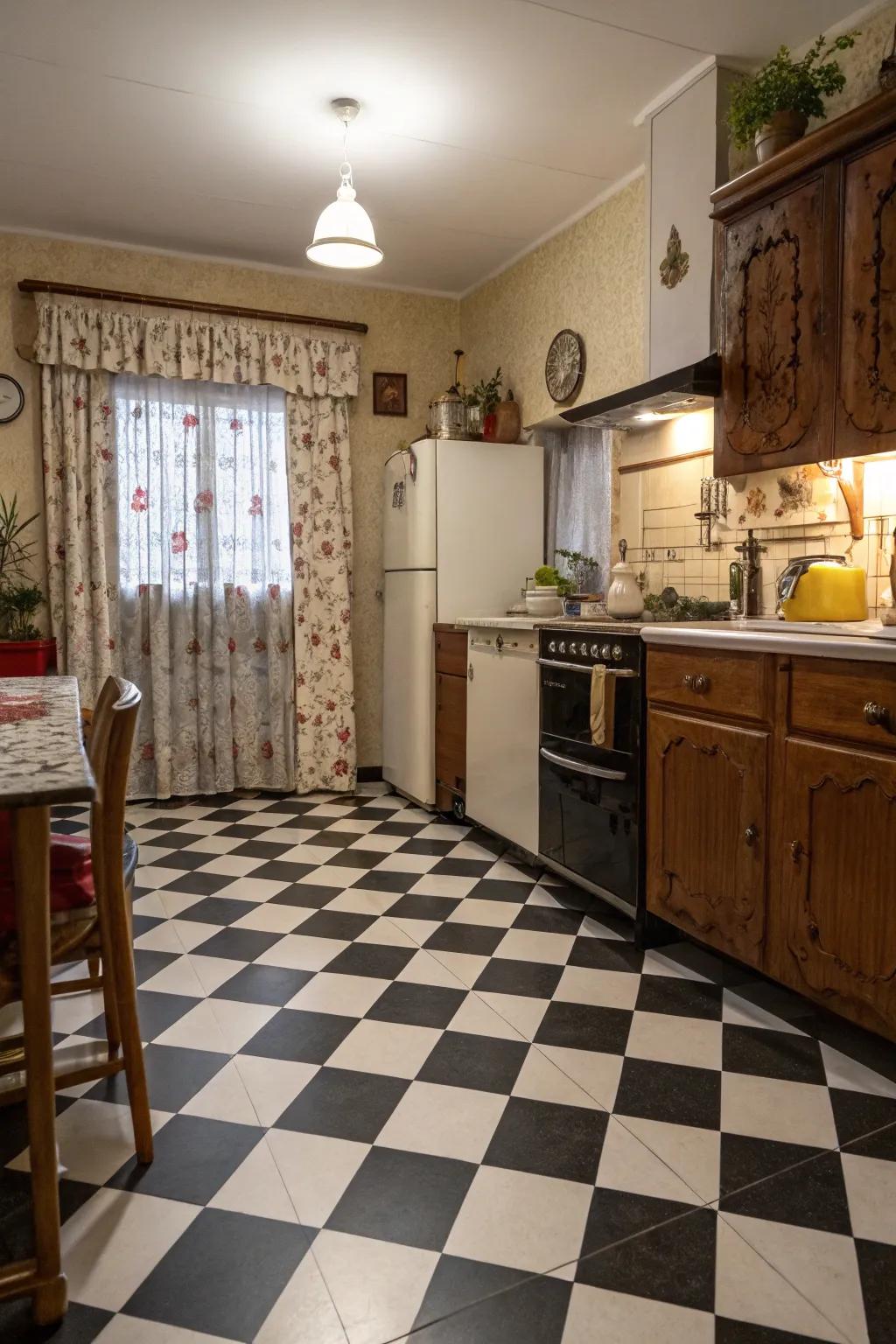 A kitchen enhanced by a classic checkerboard-painted floor, exuding tradition and charm.