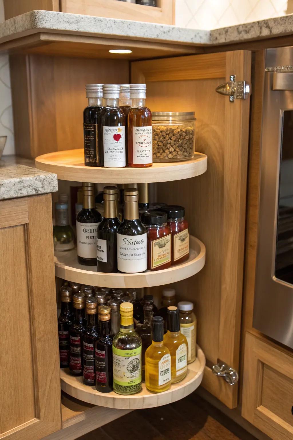 Lazy Susans in pantry corners optimize space and improve accessibility.