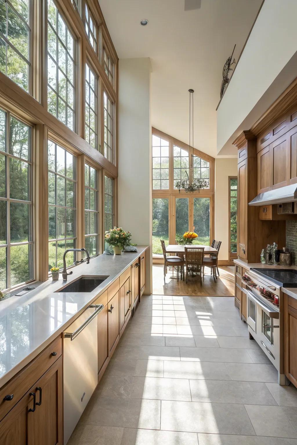 Natural light enhances the openness of a parallel kitchen.