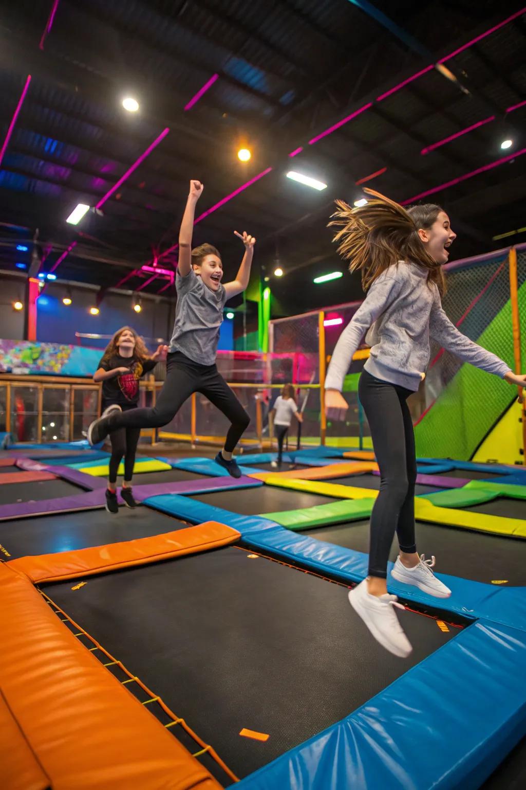 Teens enjoying a fun-filled day at a trampoline park.