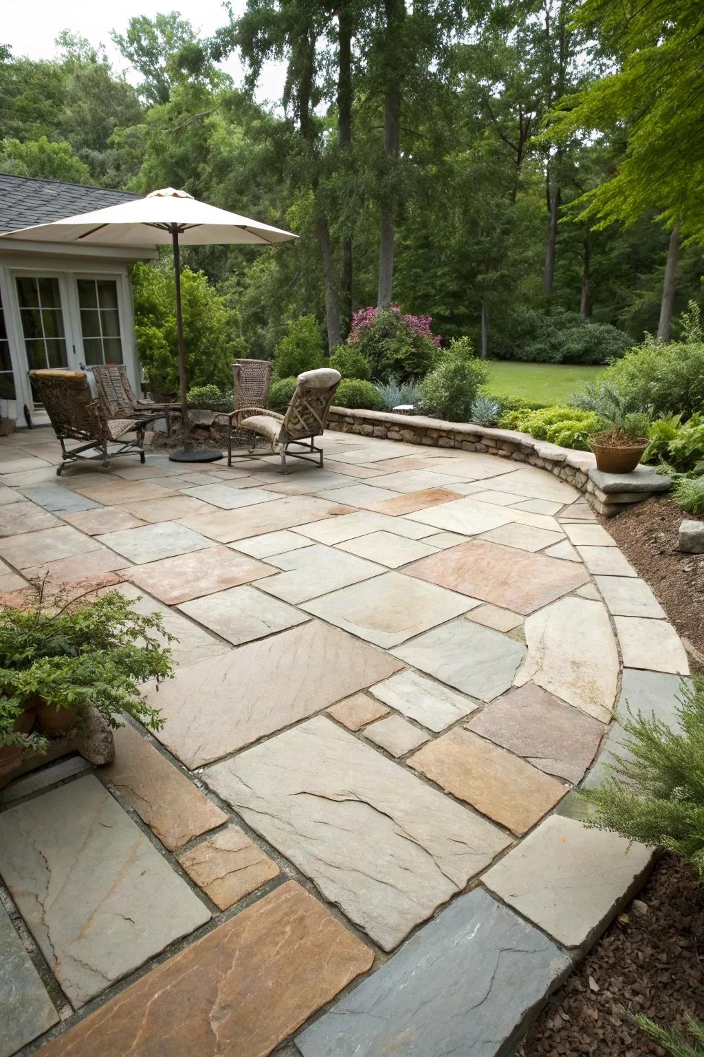 A paver patio featuring natural stone pavers, providing a timeless and elegant appearance.