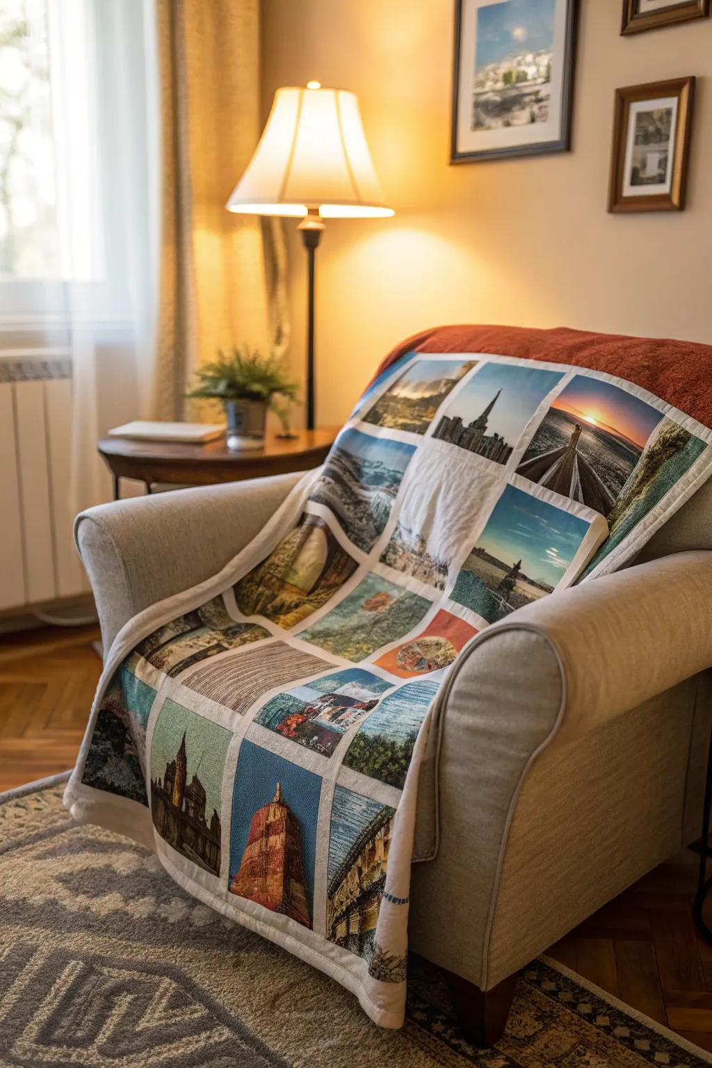 A blanket featuring various travel photos, perfect for reminiscing about your adventures.