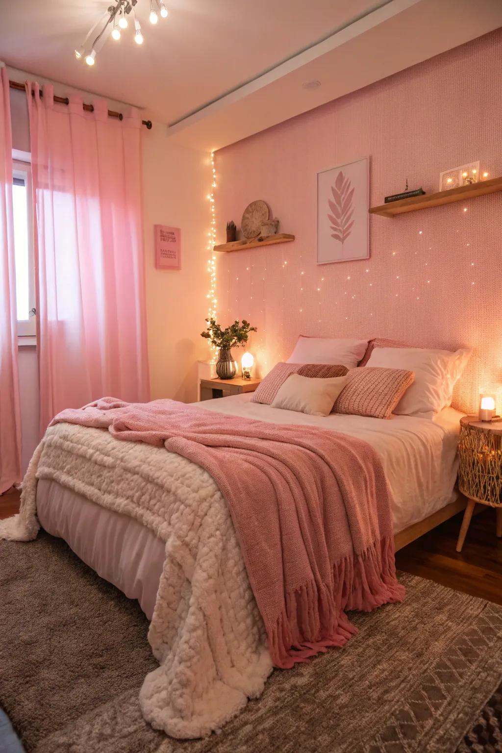 Pink lighting casts a warm glow, enhancing the cozy atmosphere of this bedroom.