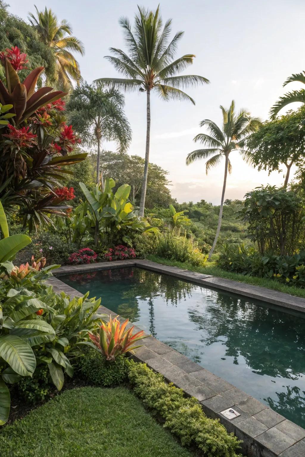 A pool pond featuring a tropical theme and abundant greenery.