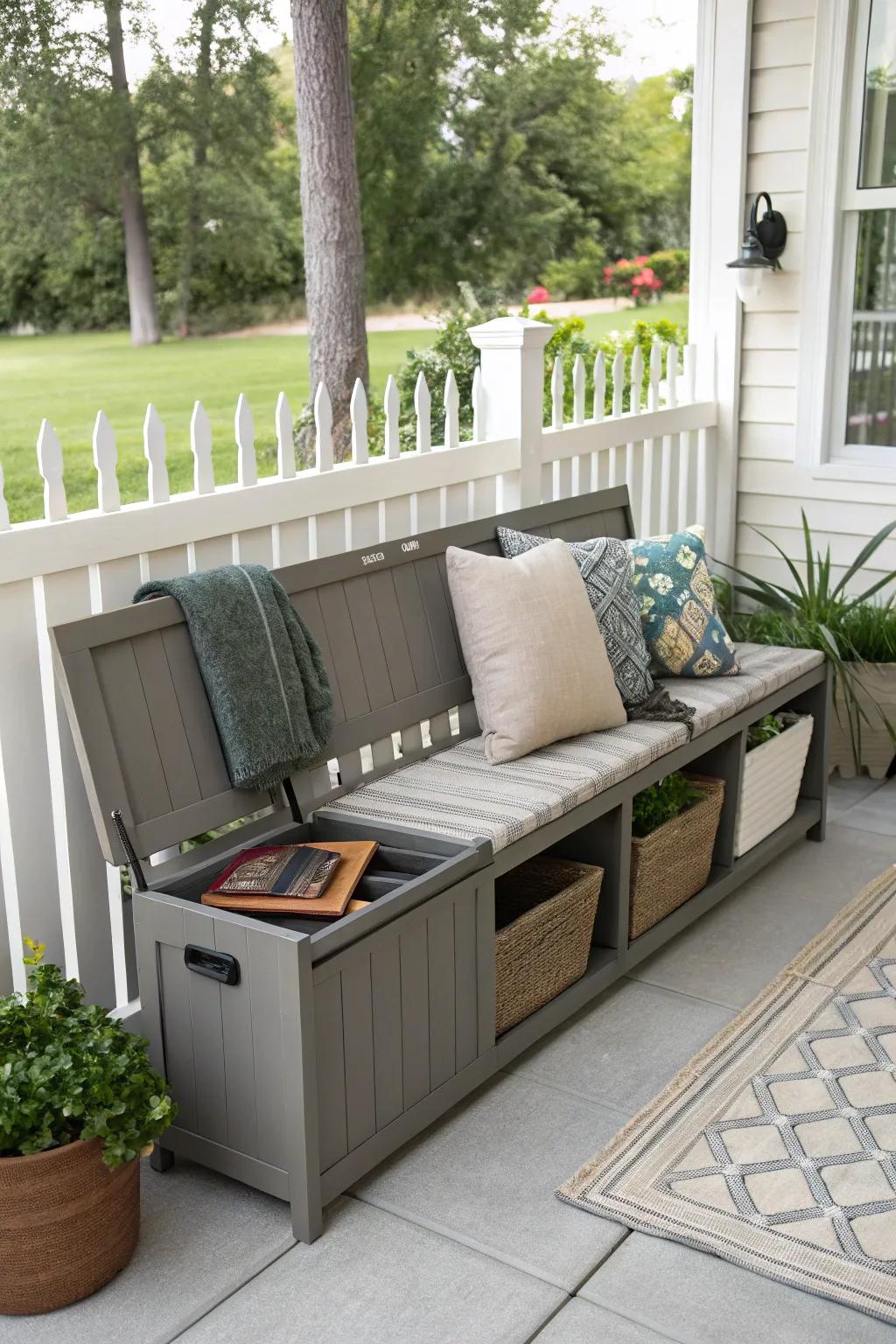 A storage bench maintains the veranda tidy and orderly.