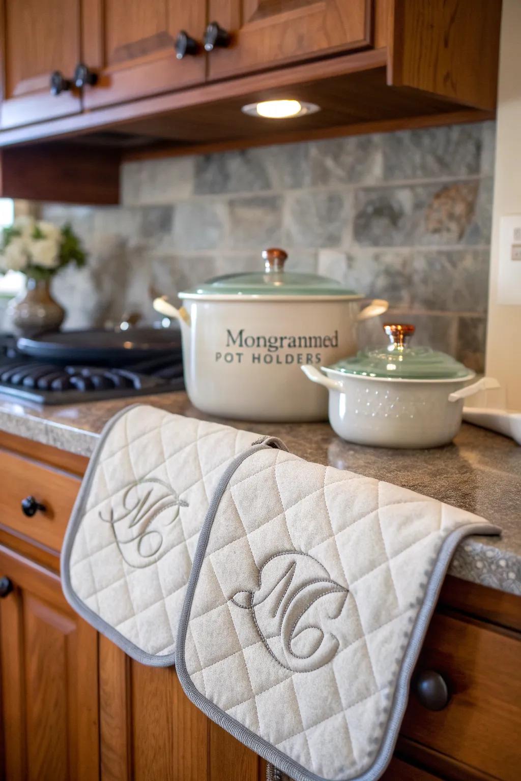 Monogrammed oven protectors contribute a personalized and elegant aspect.