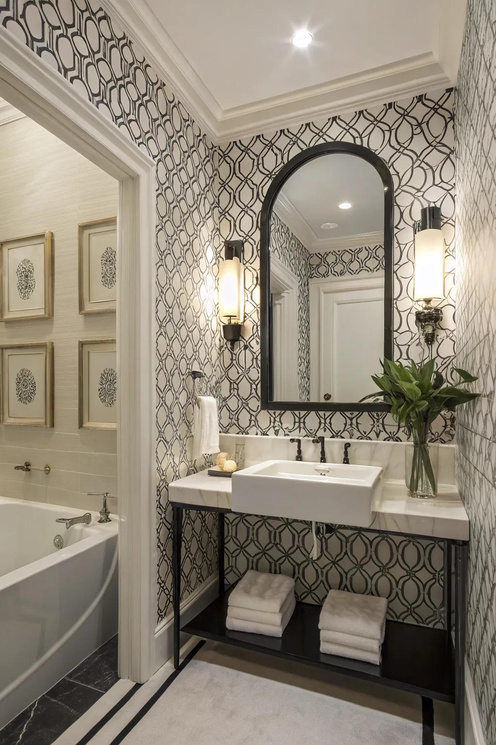 Sophisticated monochrome designs create a luxurious and timeless powder room.