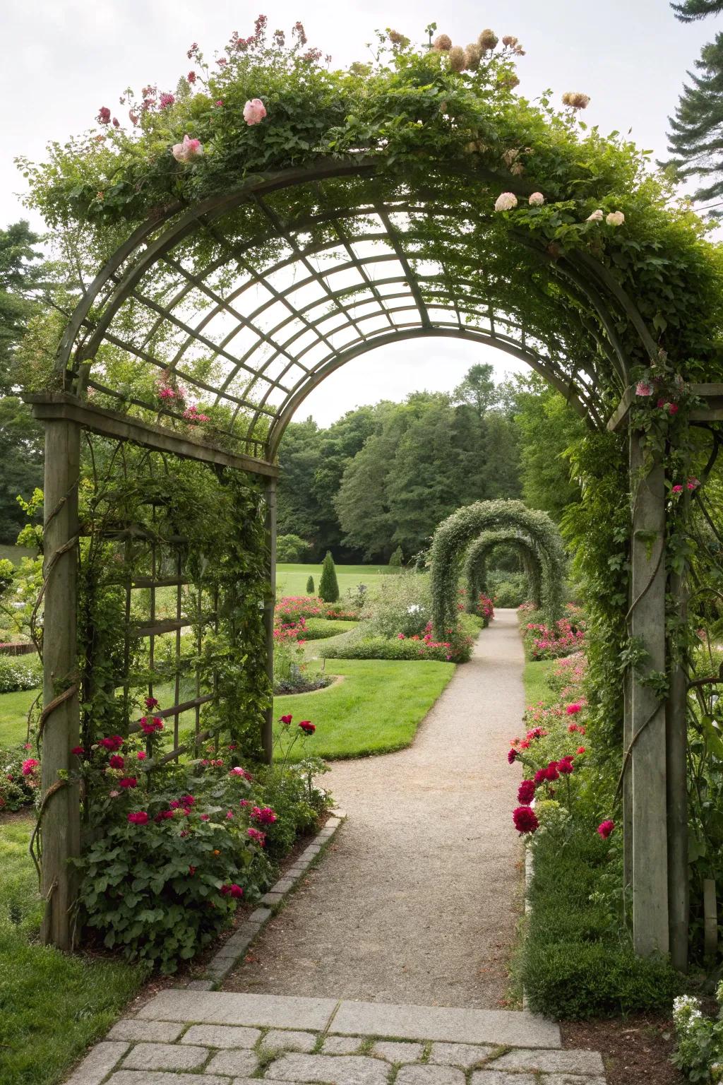 Frame your garden entrance with a grand arched arbor trellis.