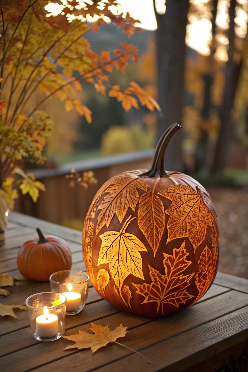 A seasonal foliage sculpted pumpkin that imparts seasonal warmth to your setup.