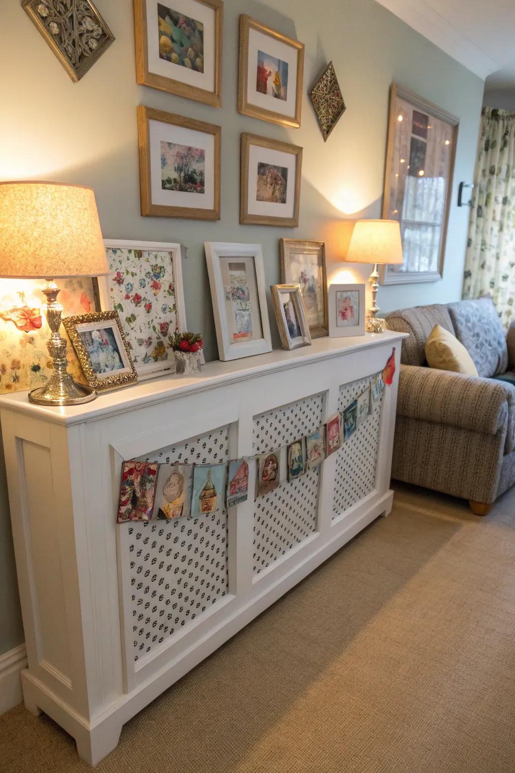 Artwork and photos personalize a radiator cover, adding character to the room.