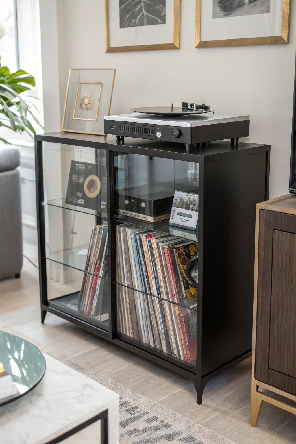 Glass shelves add a sophisticated touch to your record player setup.