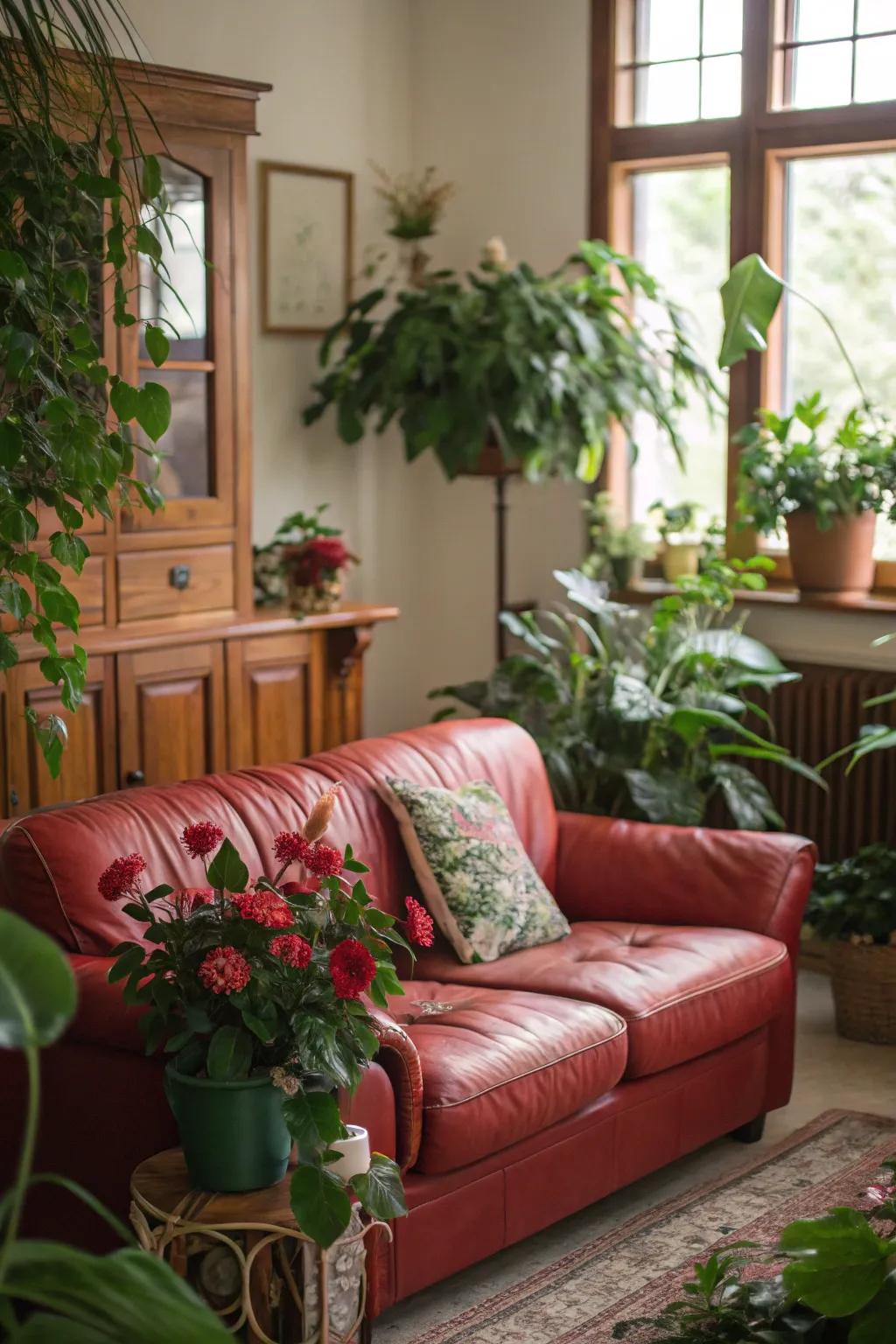 Verdure introduces a revitalizing juxtaposition to a lounge spotlighting a scarlet hide sofa.
