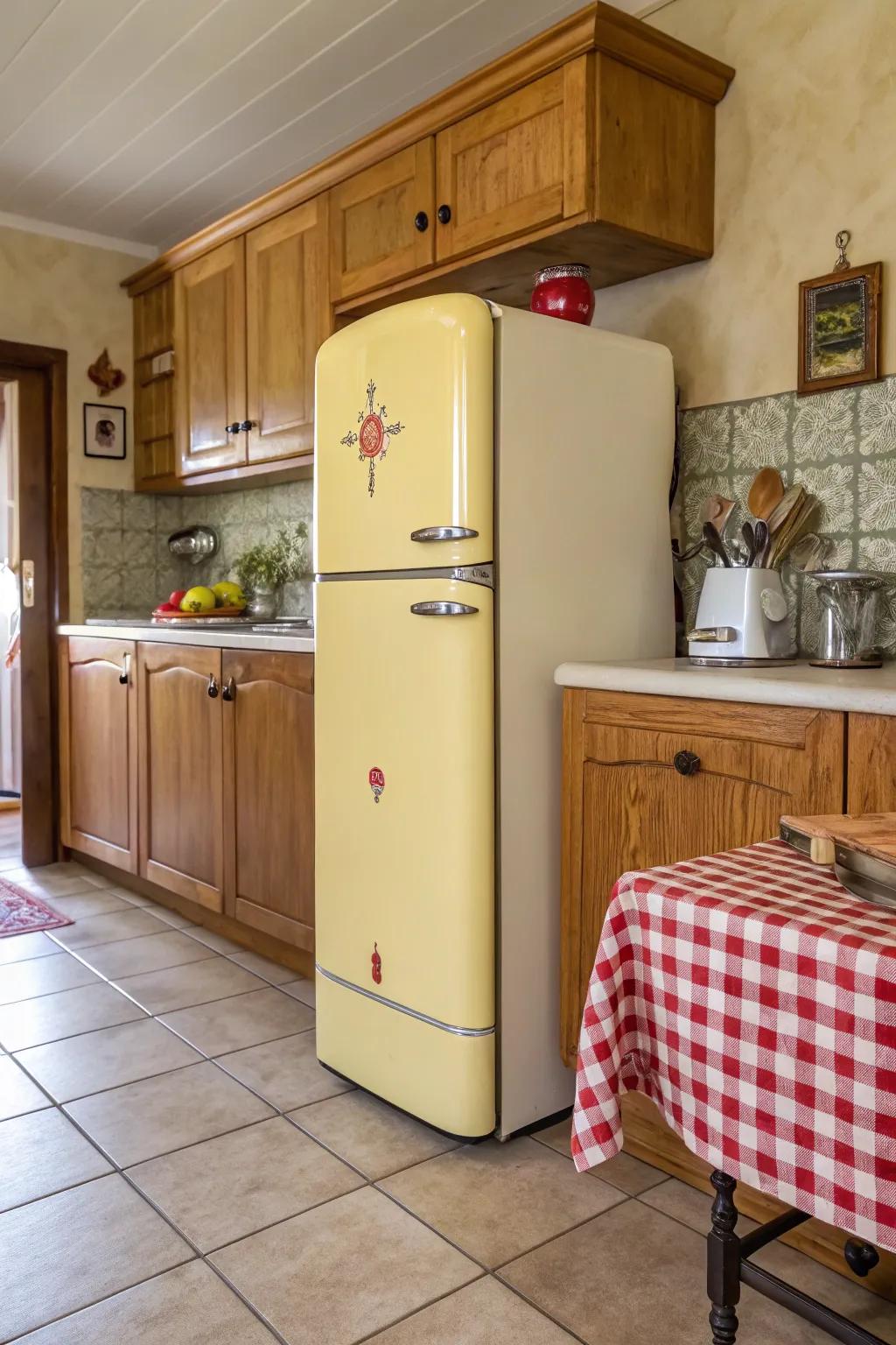 A cooking space showcasing a vintage-style 'ice-box' that exudes charm.