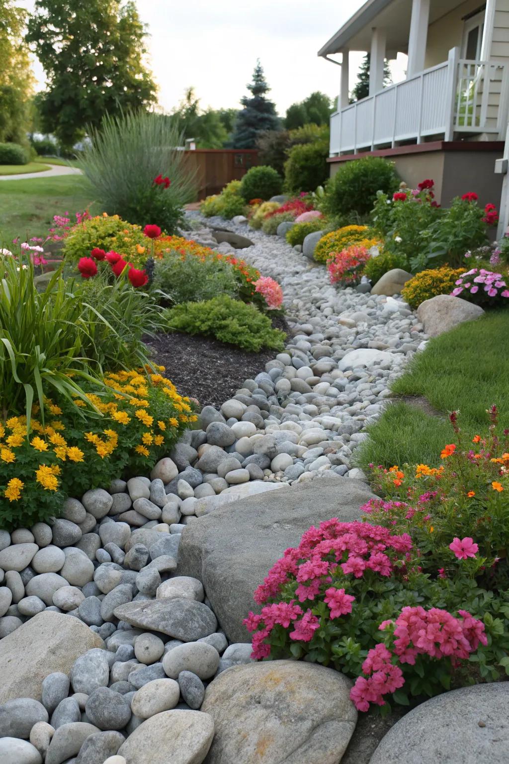 Highlight your plants with contrasting river rock landscaping.