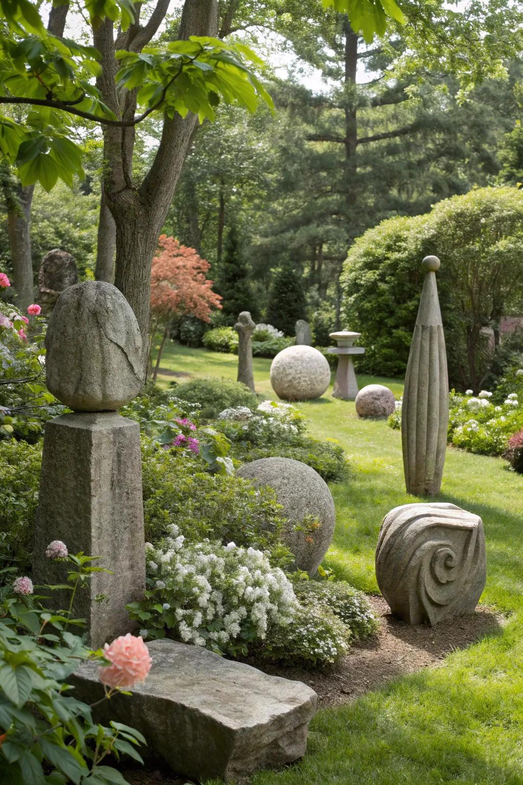 Abstract stone sculptures adding an artistic touch to a garden.