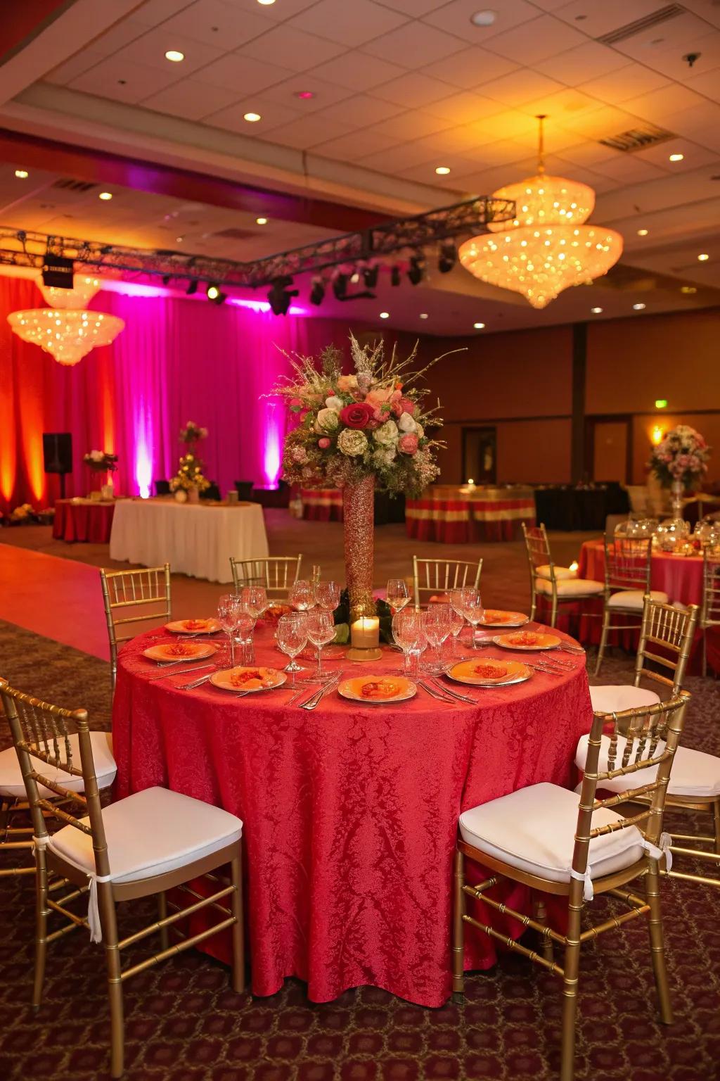 Bold tablecloth making a vibrant statement at a wedding.