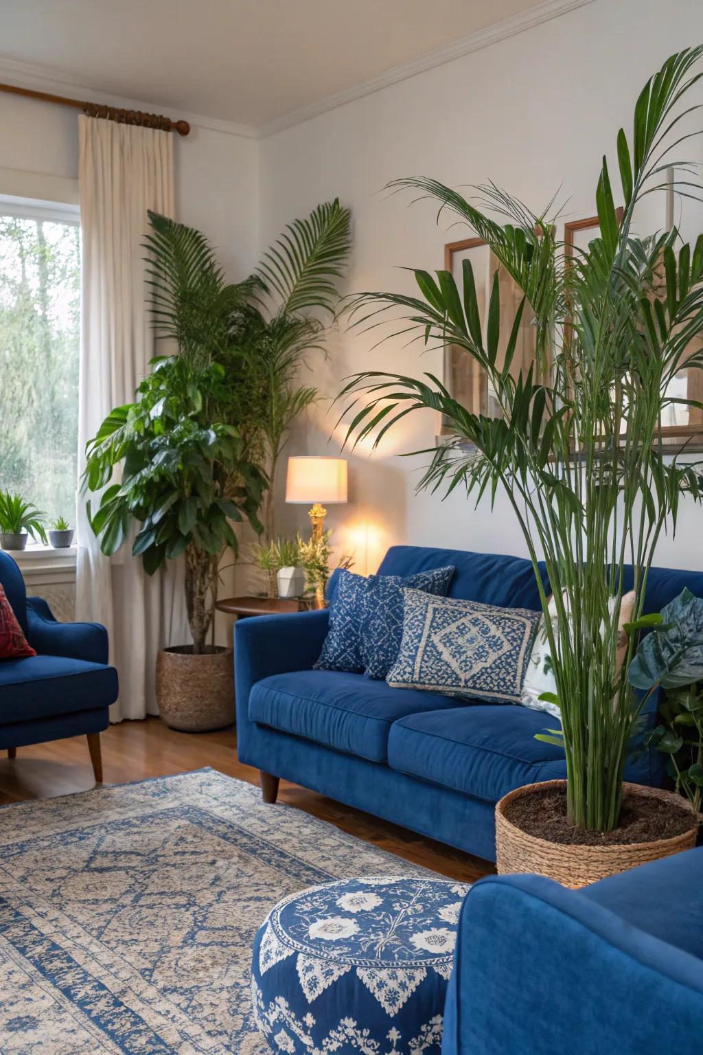 Indoor plants provide a fresh and vibrant contrast to sapphire decor.