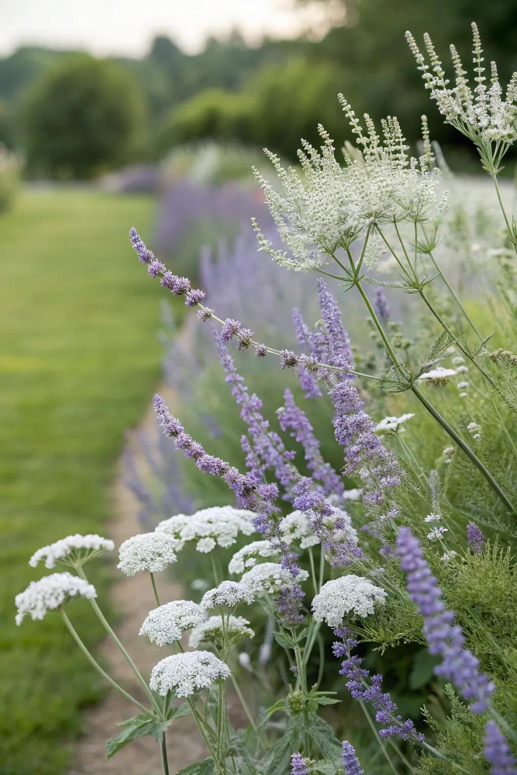 A subtly elegant garden with Russian sage and yarrow.