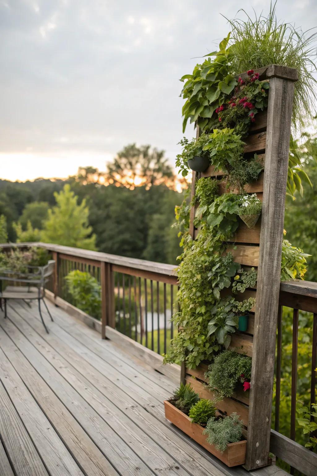 Plant walls enhance plant life and privacy to this country-style veranda.