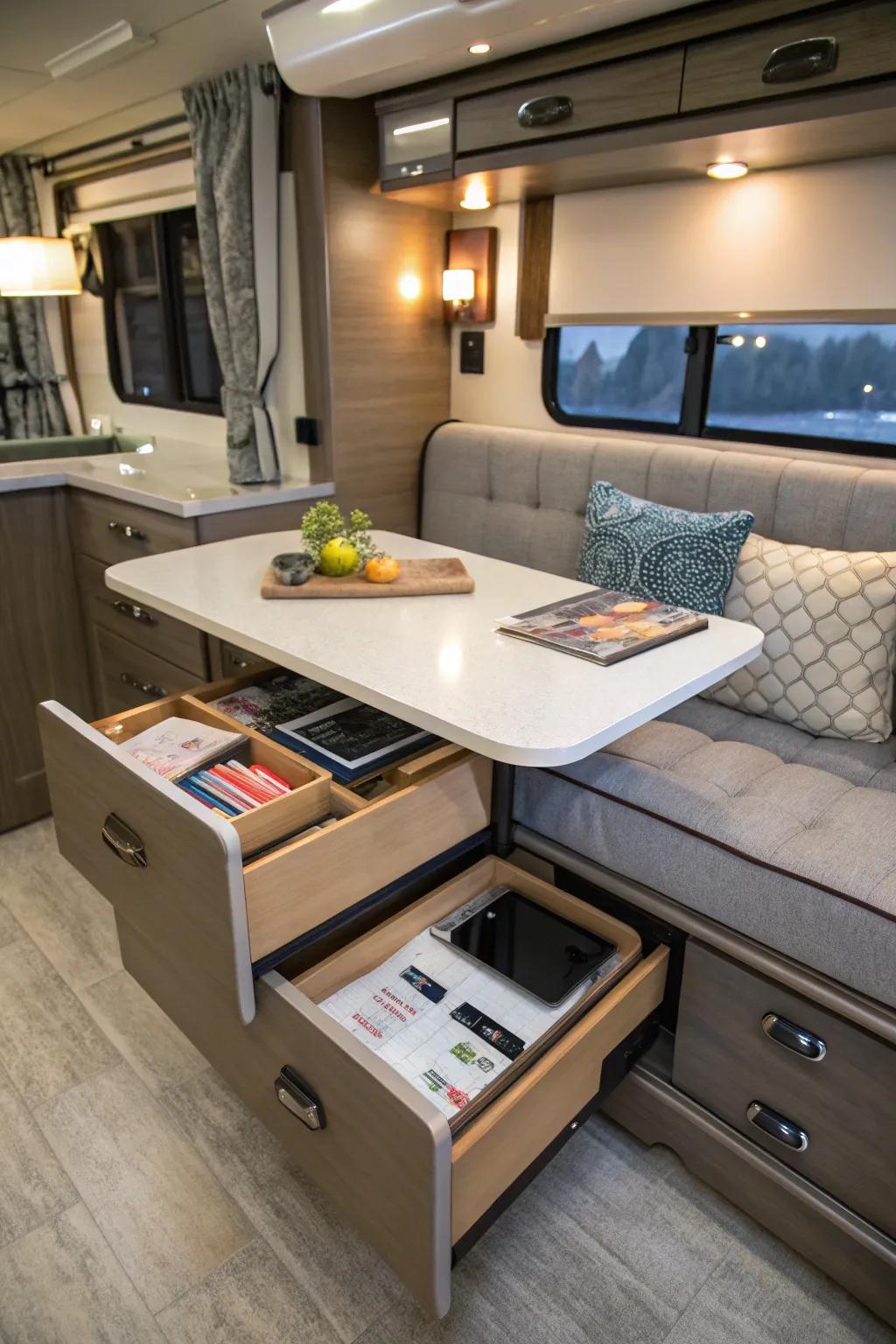 Streamline your space with a table featuring storage solutions.