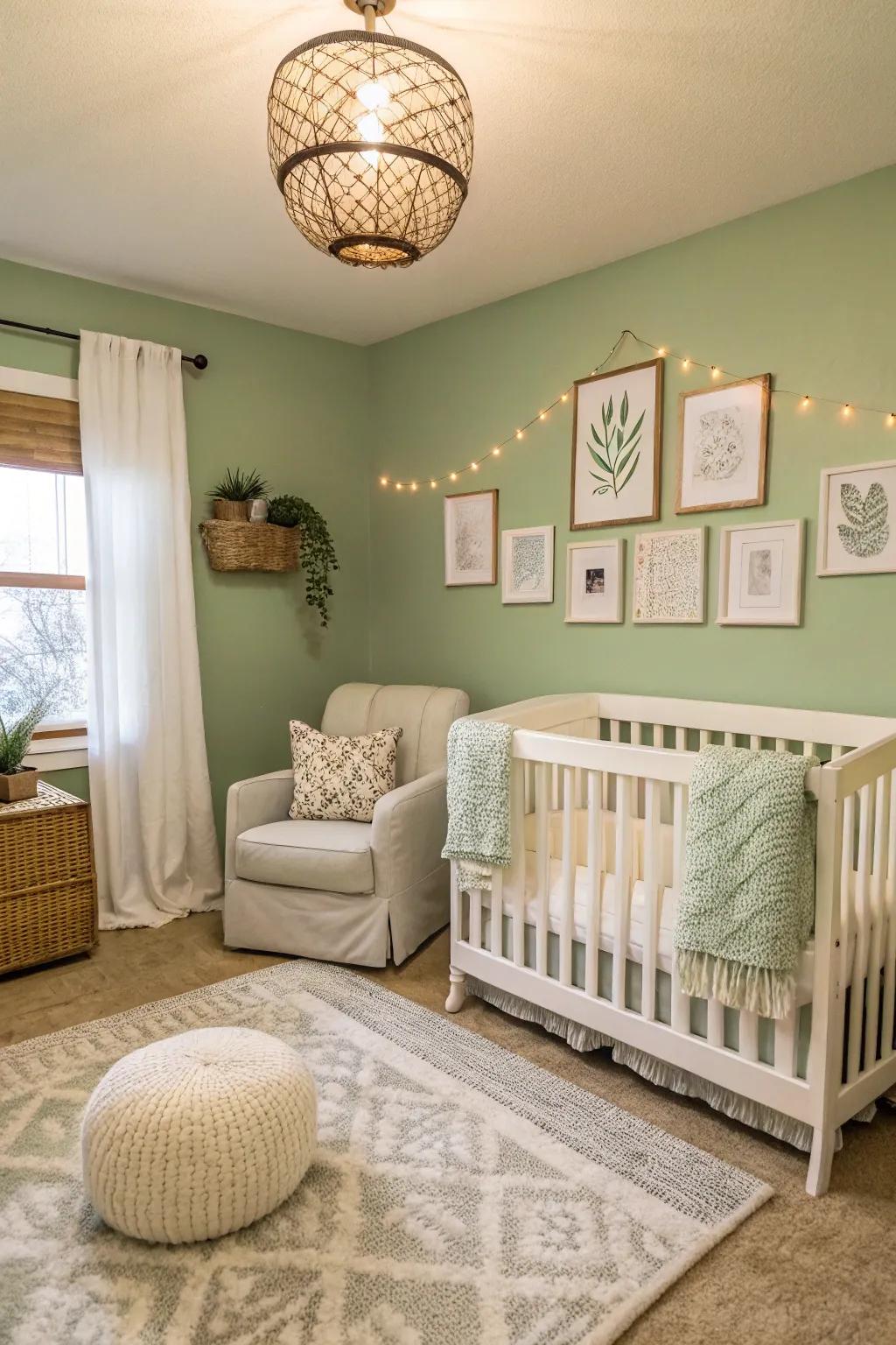 Soft accent colors balance the sage green in this nursery.