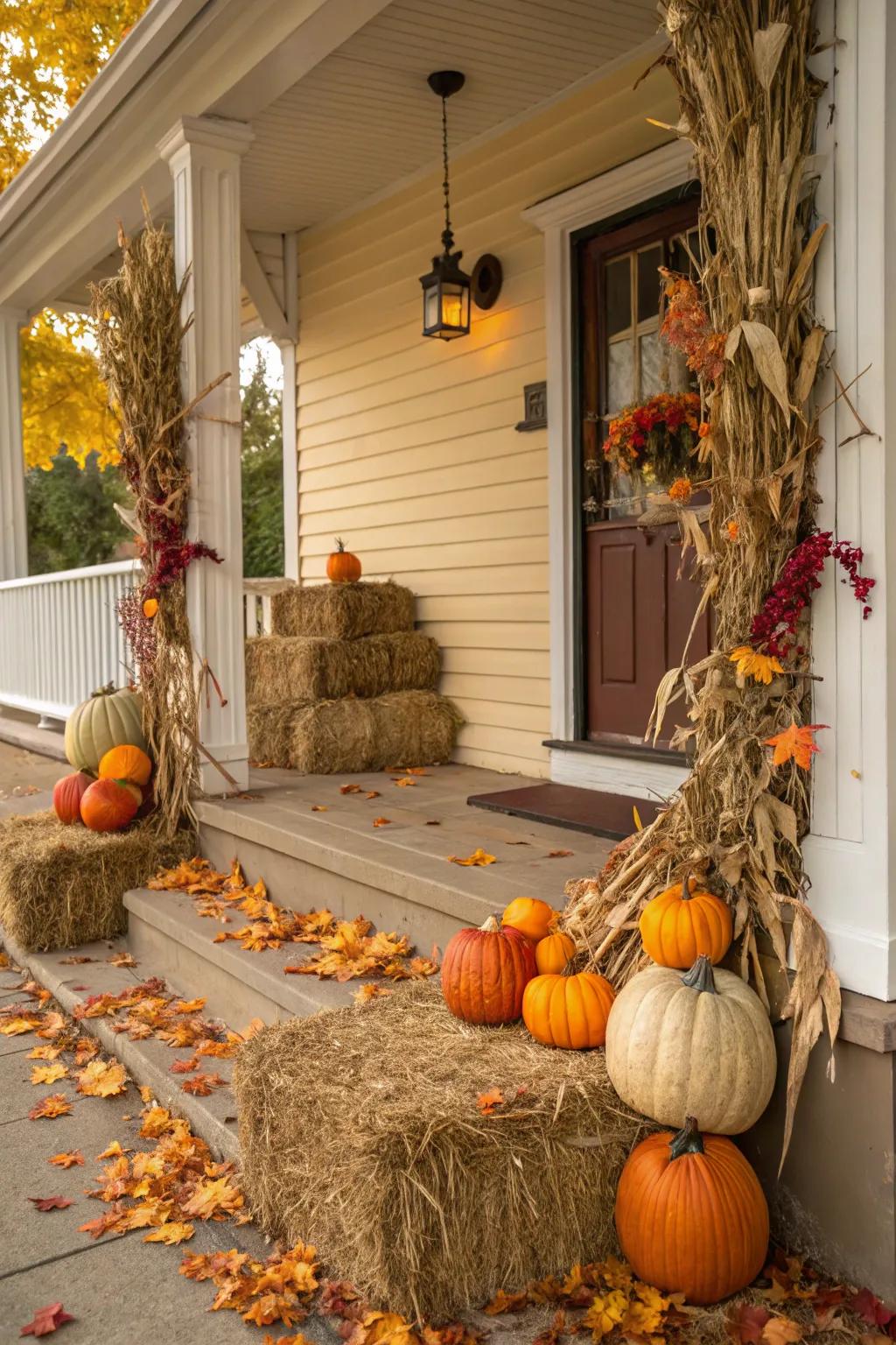 Rustic elements like hay bales and corn stalks bring a traditional Halloween vibe.