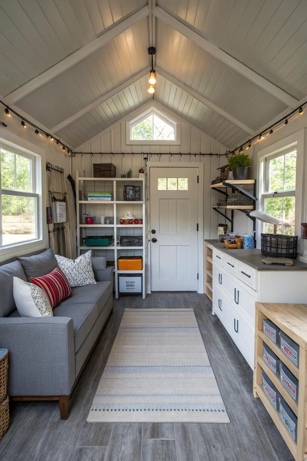 An efficiently laid-out shed home interior maximizing space.