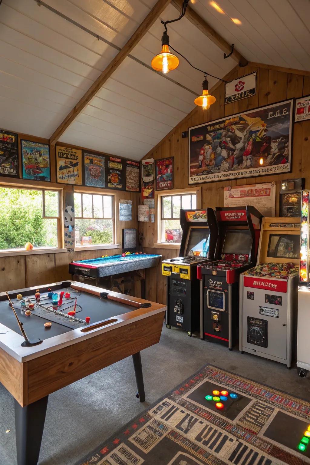 A shed turned into a fun game room for family and friends.