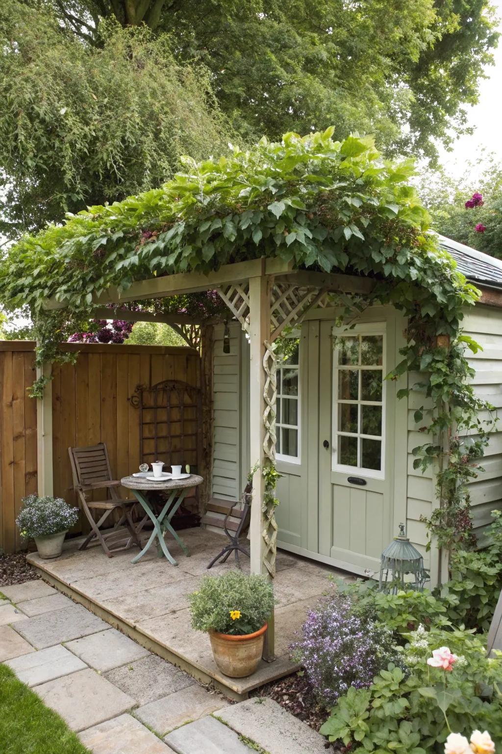 A shed with a pergola extension offers style and shade.