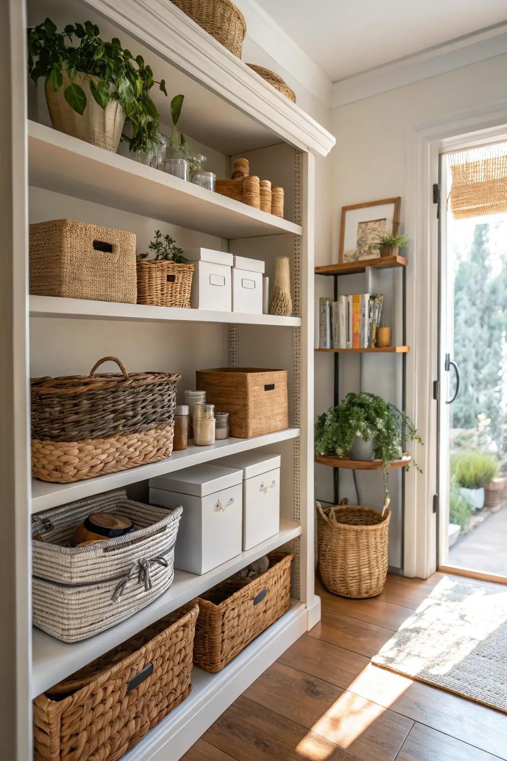 Functional decor adds both utility and charm to shelves.