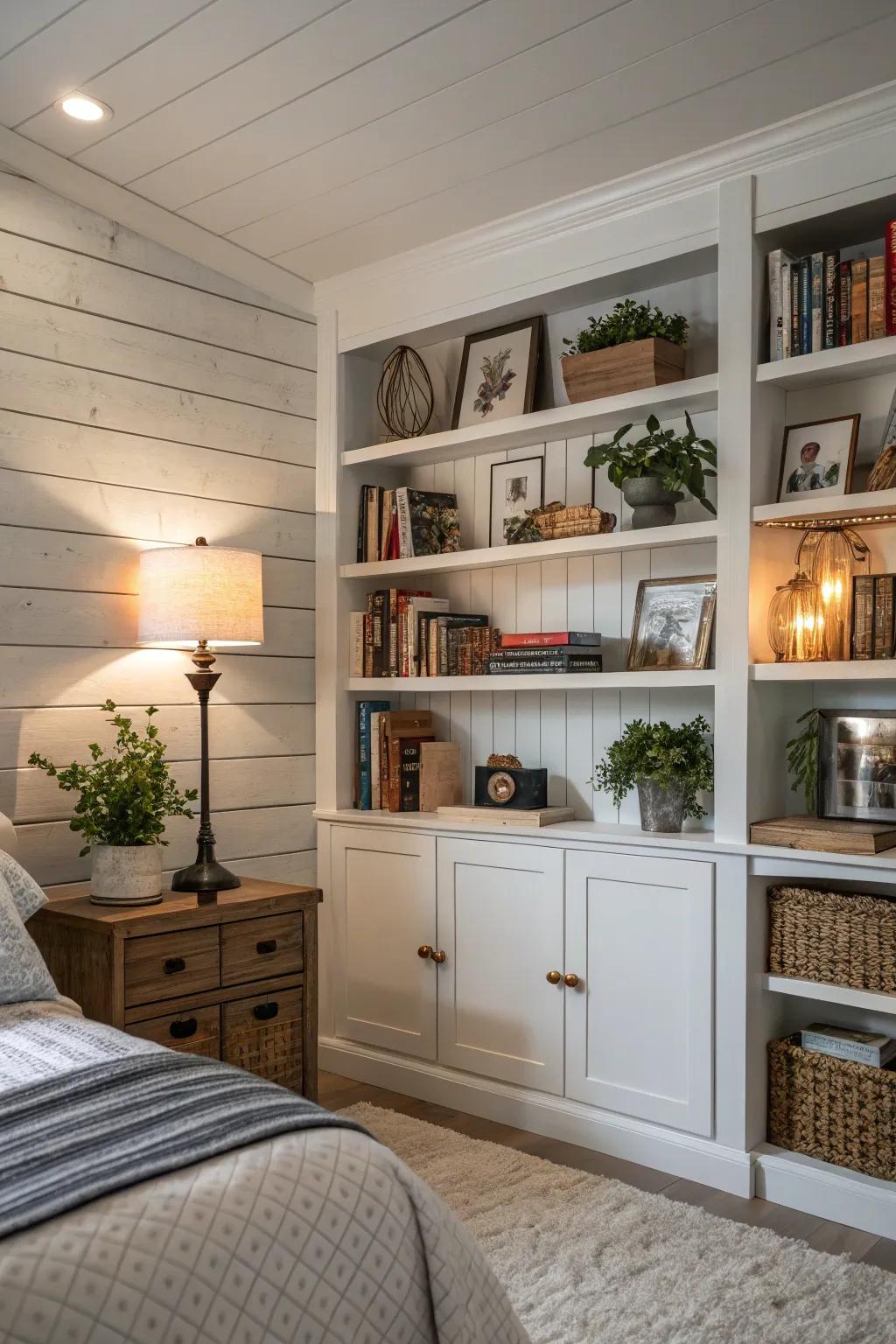 Integrated shelving with planks offers elegance and practicality.