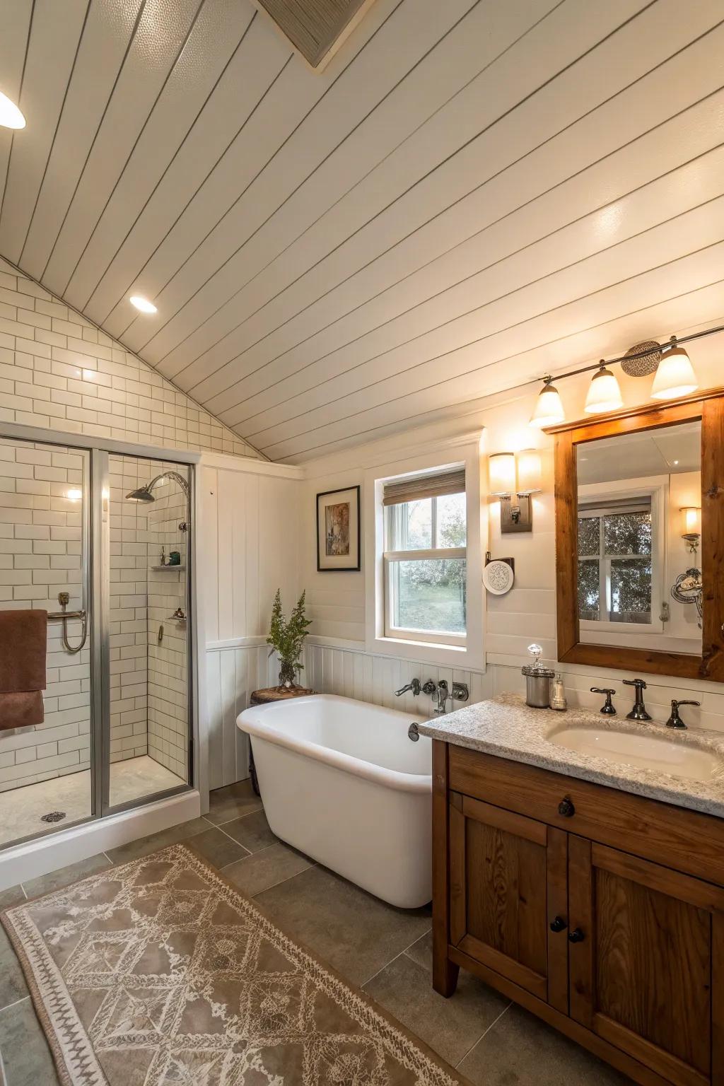 A bathroom with shiplap ceilings for a cohesive design.