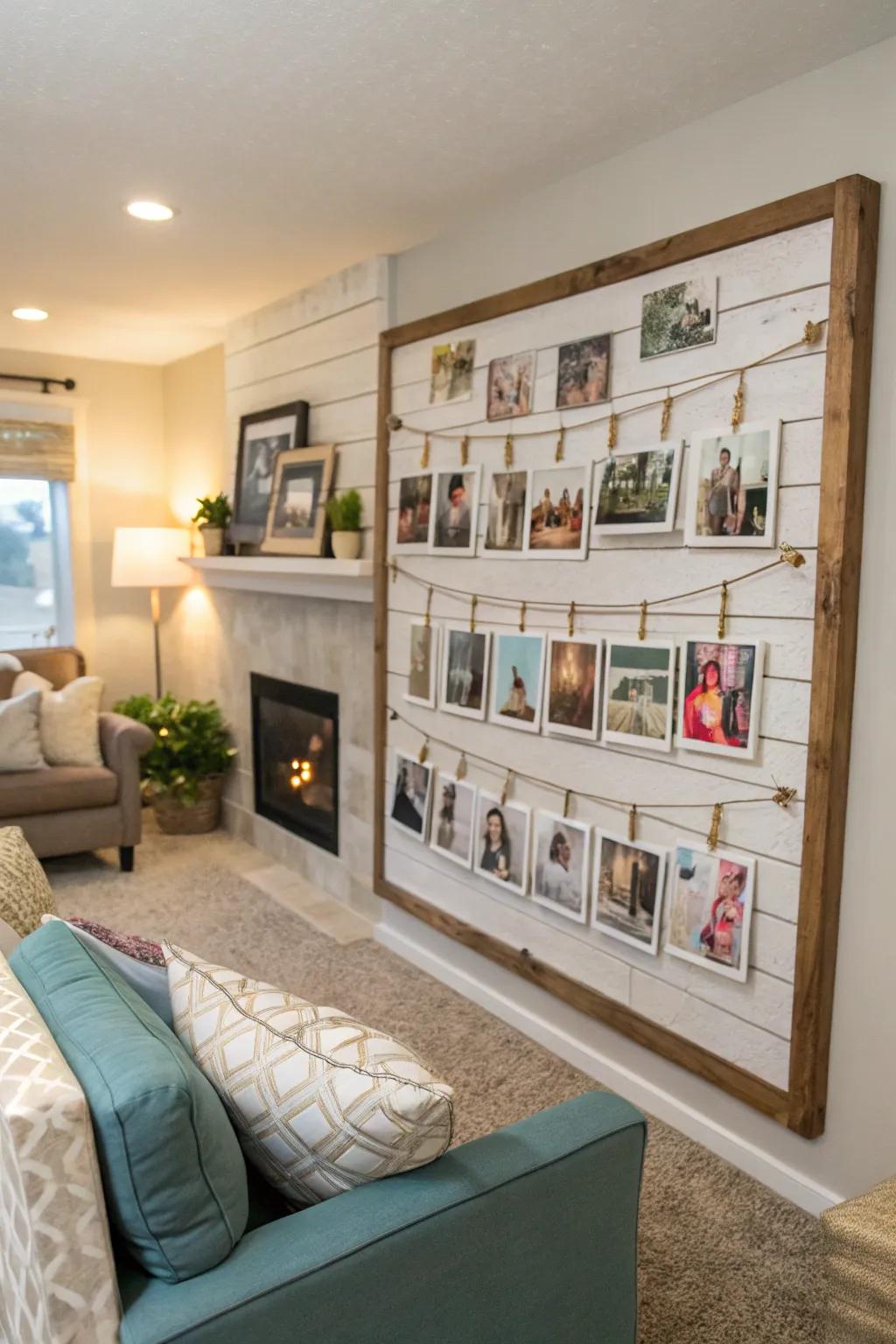 Keep your memories alive with a photo collage on your shiplap board.