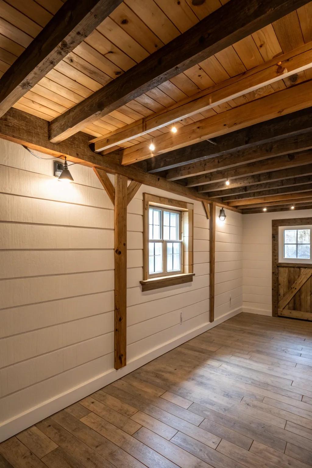 Rustic charm with shiplap and ceiling beams.