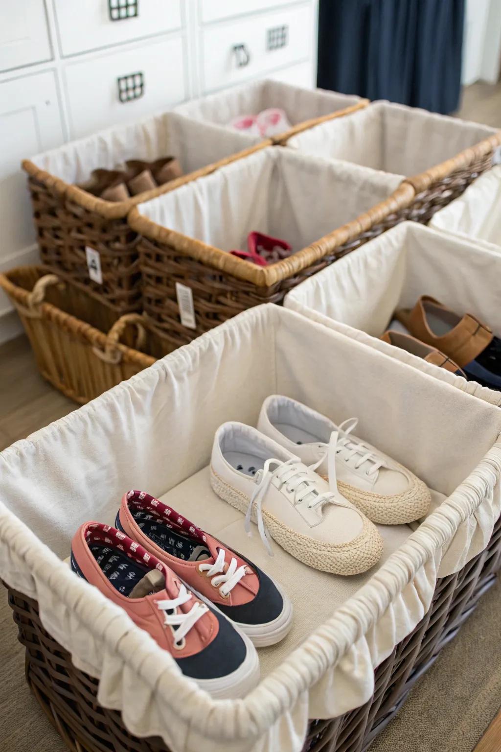 Baskets with liners protect shoes and add a clean look to storage.