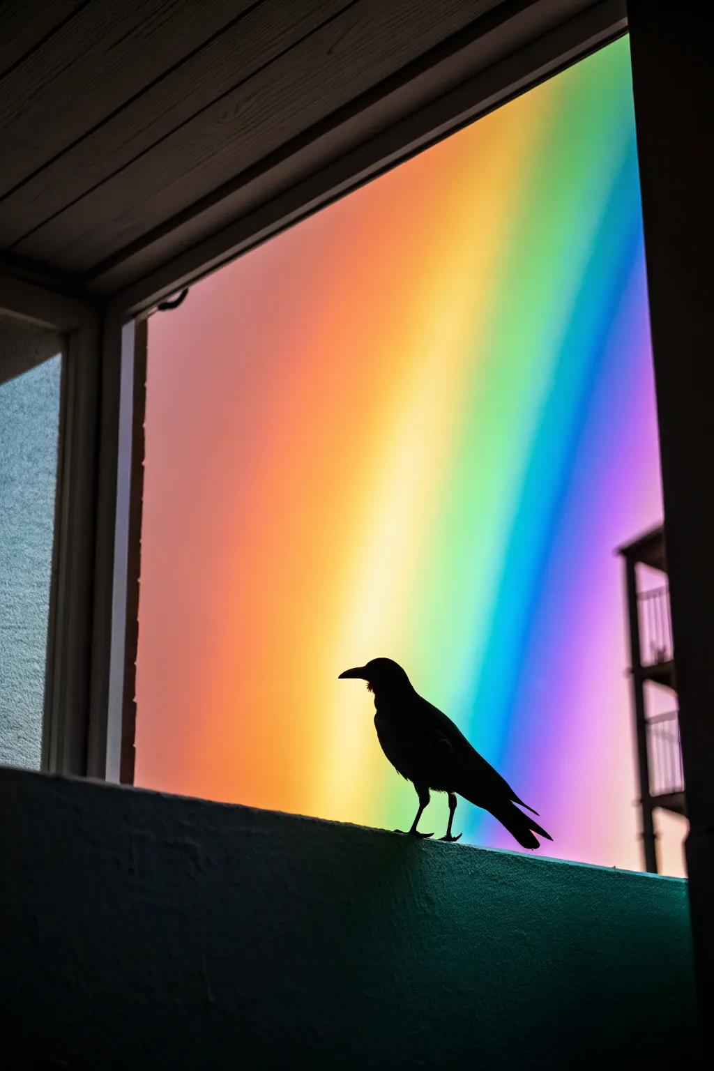 Bird silhouette with a rainbow background brightens up the space.