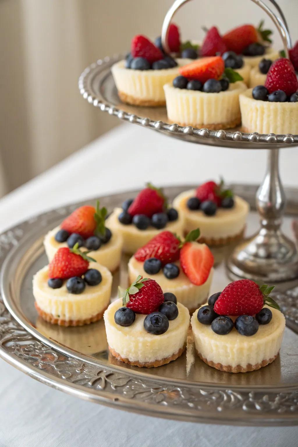 Sophisticated mini cheesecake bites topped with fresh berries.