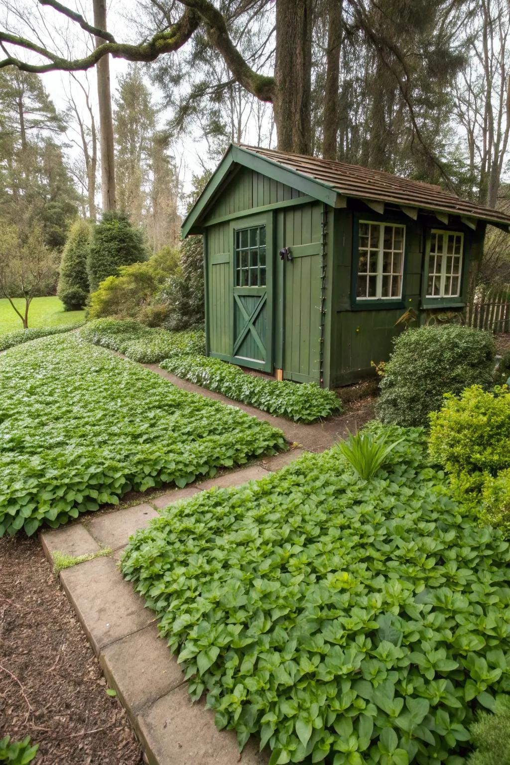 Ground cover plants offer a seamless, lush appearance around your shed.