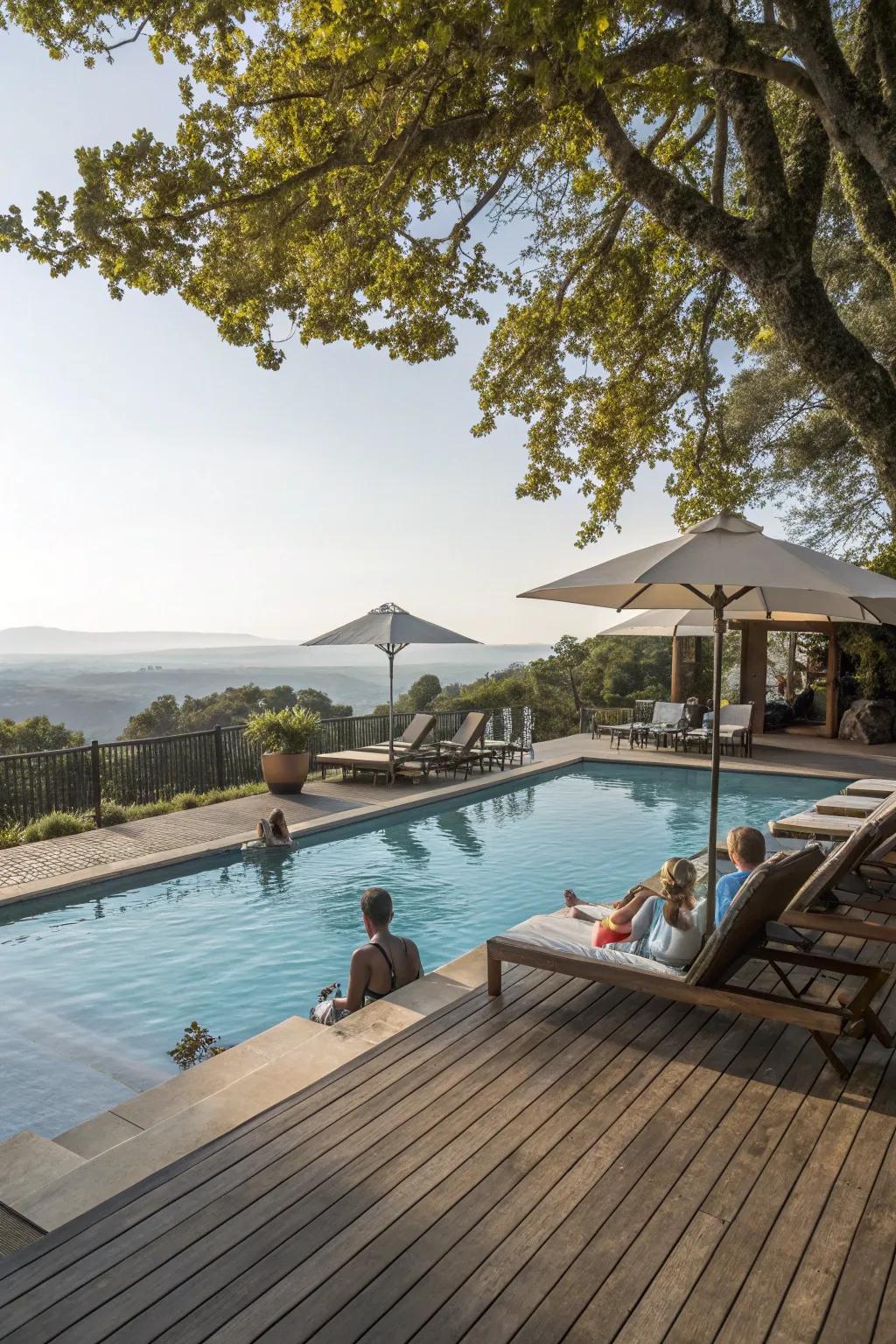 A pool beautifully integrated with a wooden deck for a cohesive outdoor space.