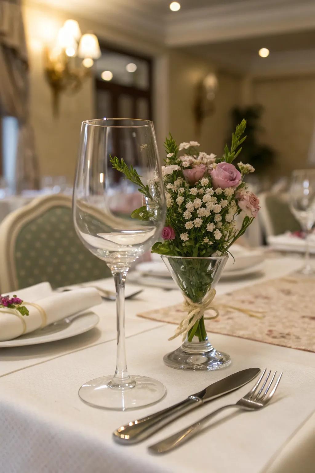 A wine glass flower holder adds a dash of class to your feasting experience.