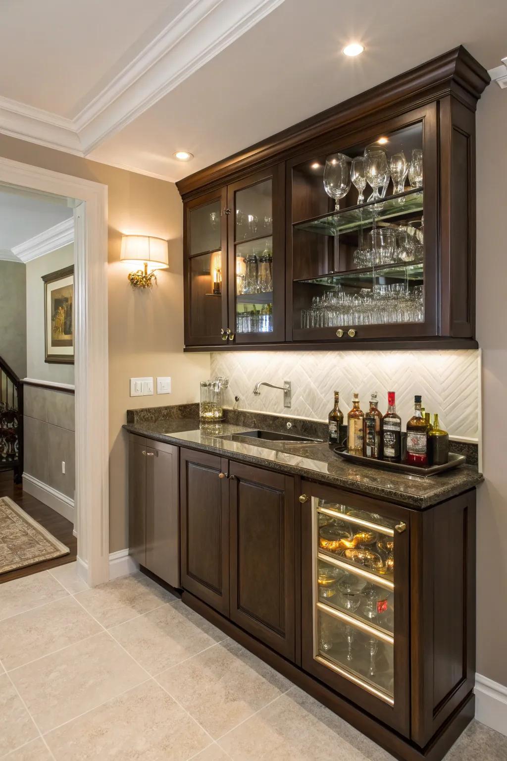 A small wet bar cleverly fitted into a corner space.