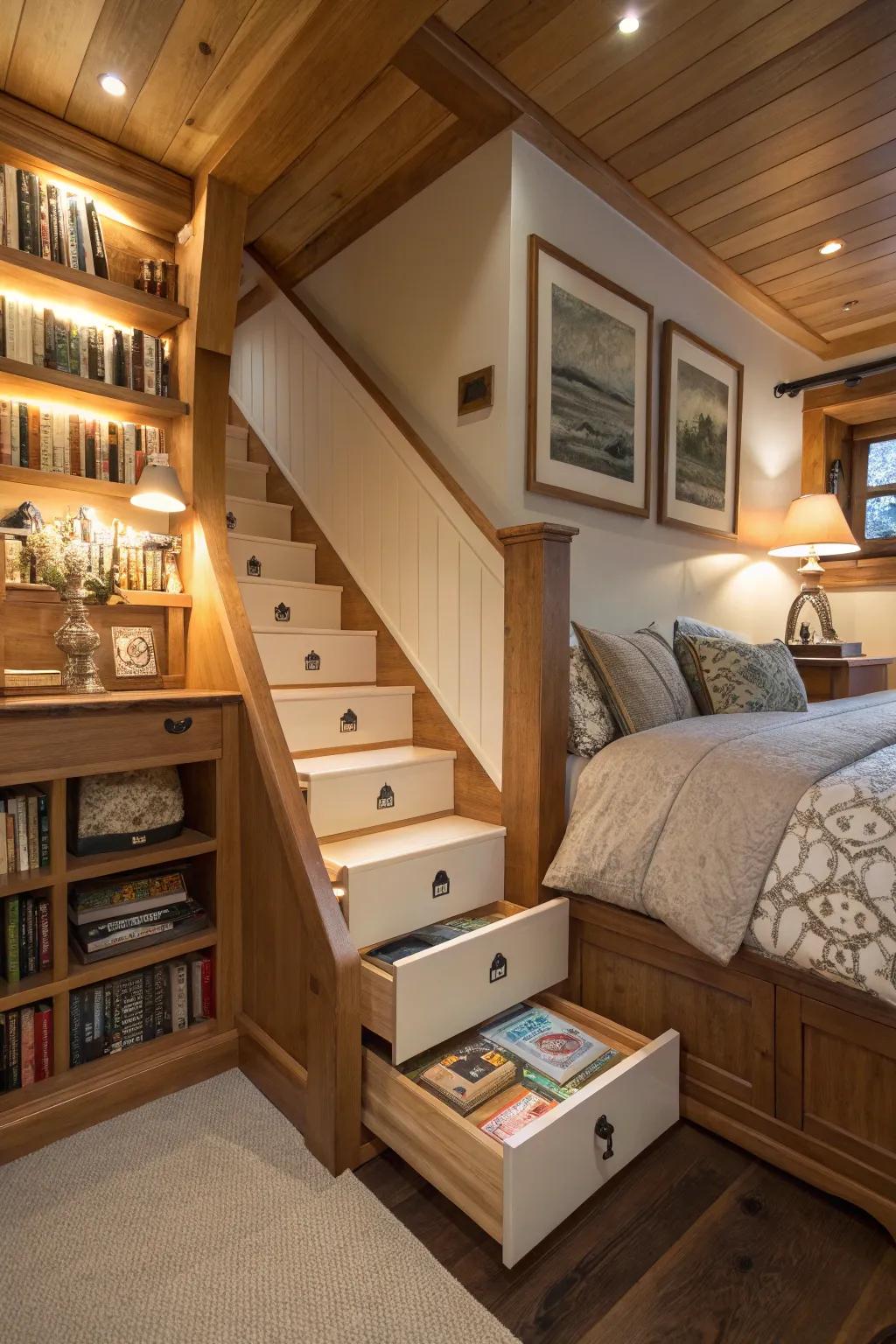 Concealed storage steps providing a smart option for organizing clutter.