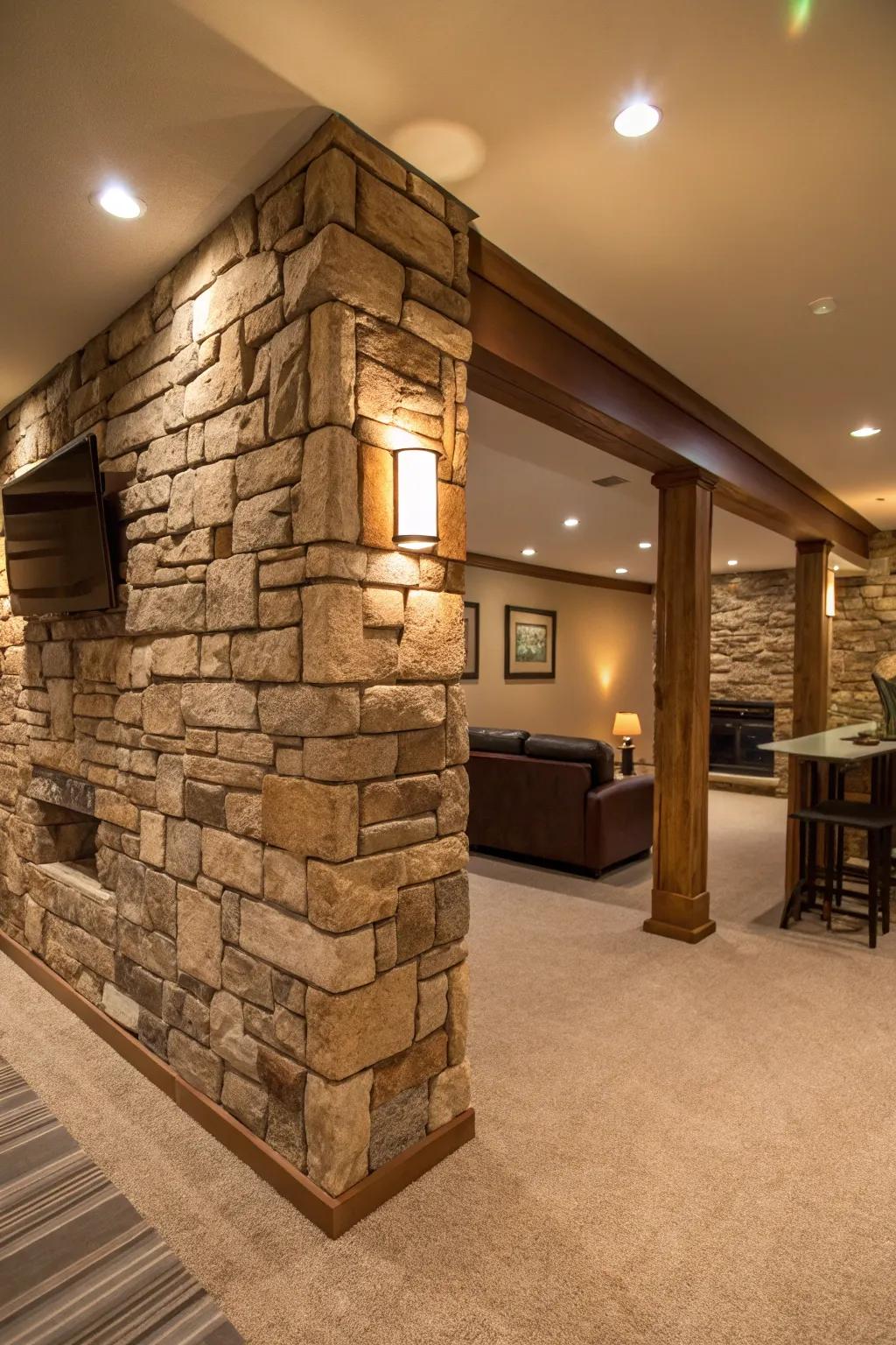 A basement elevated by the charm of a stone wall.