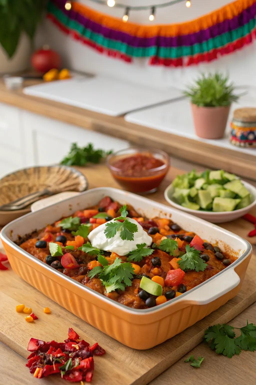Sweet potato and black bean enchilada bake, a fusion of taste and color.