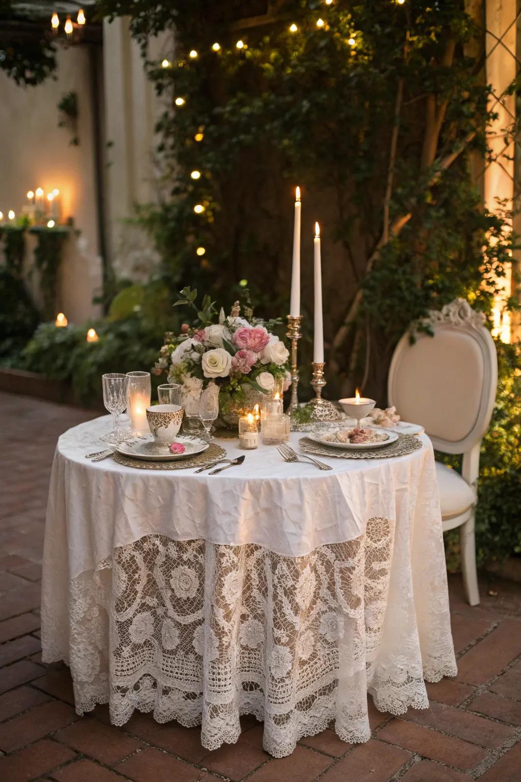 A vintage sweetheart table with lace and antique accents for a touch of romance.