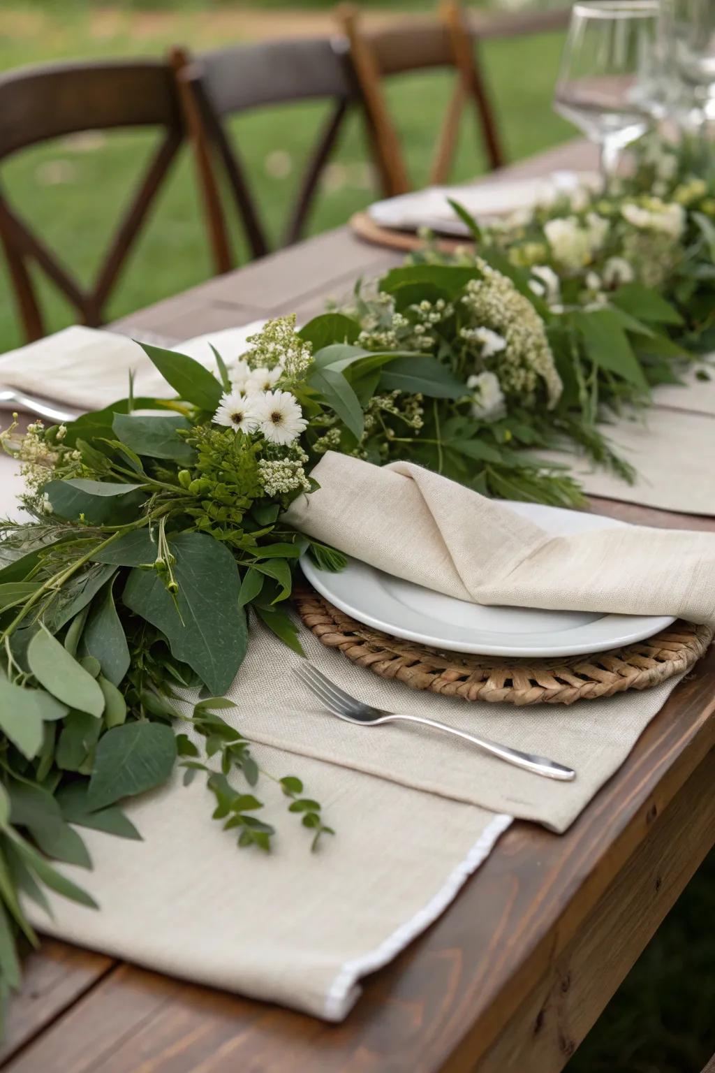 A setting that is enhanced by greenery and subdued napkins.